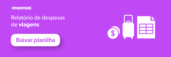 Banner oferecendo o download gratuito de um template de relatório de viagem a trabalho, ilustrado por um ícone de moeda, uma mala de viagem de rodinha e uma folha de cálculo do Excel, e um botão clicável com os escritos Baixar planilha