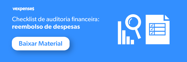 Banner oferecendo o download gratuito de um template para realização de auditoria financeira de reembolso de despesas, mostrando a imagem de um gráfico, uma lupa e um checklist e um botão com o escrito Baixar Material