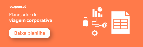 Banner oferecendo download gratuito do material planejador de viagem corporativa, ilustrado por ícones que representam gráficos, uma mala, uma moeda, uma negrenagem e uma folha de cálculo do Excel, e um botão clicável com os dizeres baixar planilha