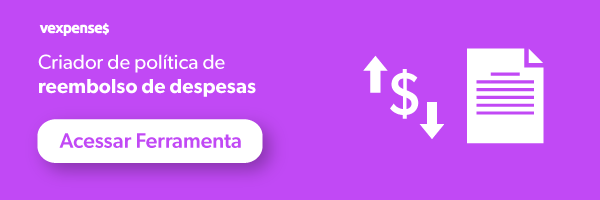 Banner de acesso à ferramenta criador de política de reembolso de despesas, ilustrado pelo ícone de um cifrão com uma seta apontado para cima e uma seta apontando para baixo, e uma página de documento do Word, e um botão clicável com os dizeres Acessar ferramenta.