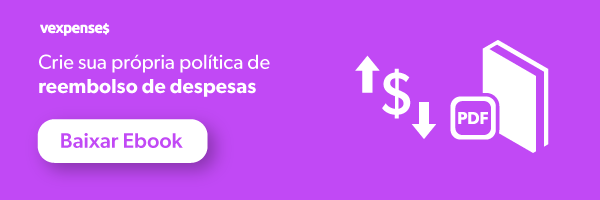 Banner oferecendo download do ebook Crie sua própria política de reembolso de despesas, ilustrado pelo ícone de um cifrão com uma seta apontado para cima e uma seta apontando para baixo, e um livro, e um botão clicável com os dizeres baixar ebook.
