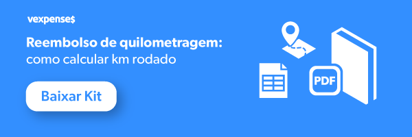 Banner oferecendo o download de um kit com dois materiais sobre reembolso de km, formado por um ebook em PDF e uma planilha de cálculo do valor de reembolso de km, ilustrado pela figura de uma mapa com um pin de localização, uma folha de cálculo do Excel e um livro, e um botão clicável com os dizeres Baixar Kit